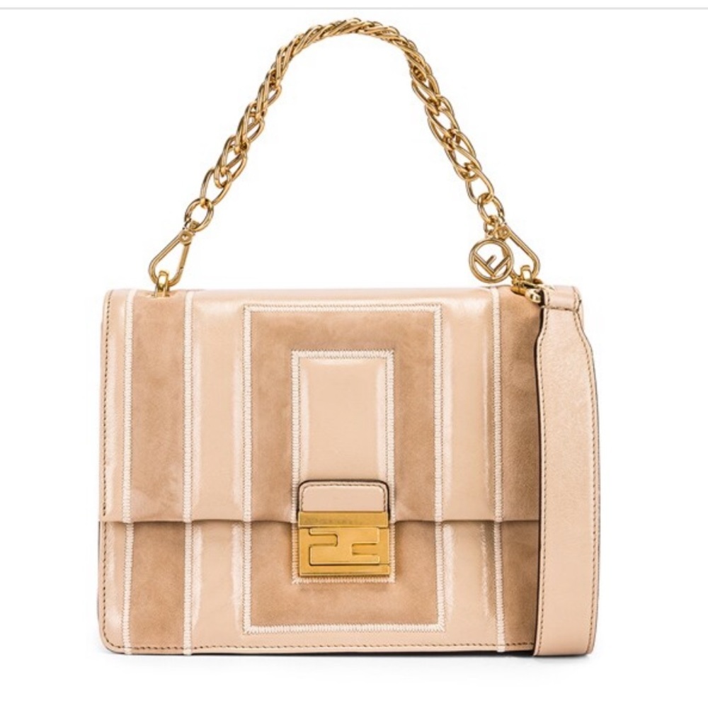 NWOT FENDI Embossed Kan U Bag Purse in Nude Suede and Patent Leather